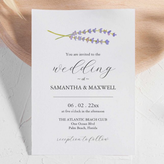 Lavande Faire-part de mariage uniques (Wedding invitation watercolor lavender art and design by Victoria Grigaliunas of Do Tell A Belle)