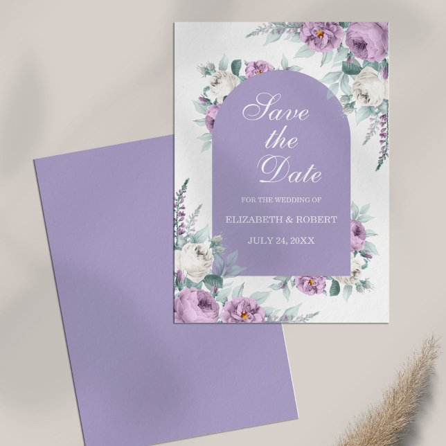 Lavande Purple Floral Enregistrer La Carte Date (Lavender Purple Floral Save The Date Card on white table)