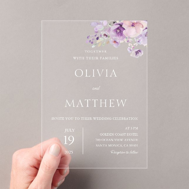 Lavande Purple Floral Mariage Acrylique Invitation (In situ (ordinateur de poche))