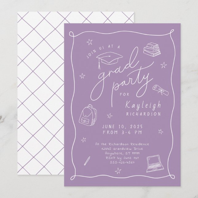 Lavande Retro Main Tirée Grad Party Invitation (Devant / Derrière)