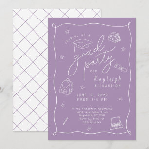 Lavande Retro Main Tirée Grad Party Invitation
