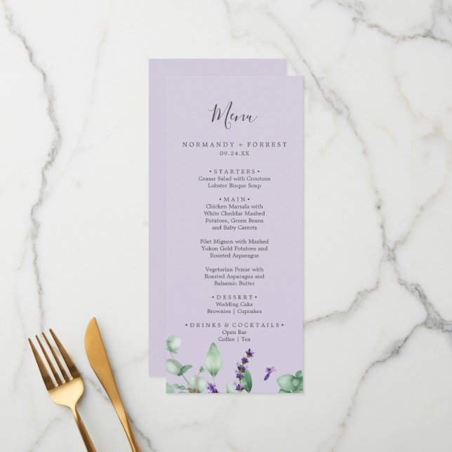 Lavande rustique | Menu Mariage violet clair (Devant/Arrière en situation)