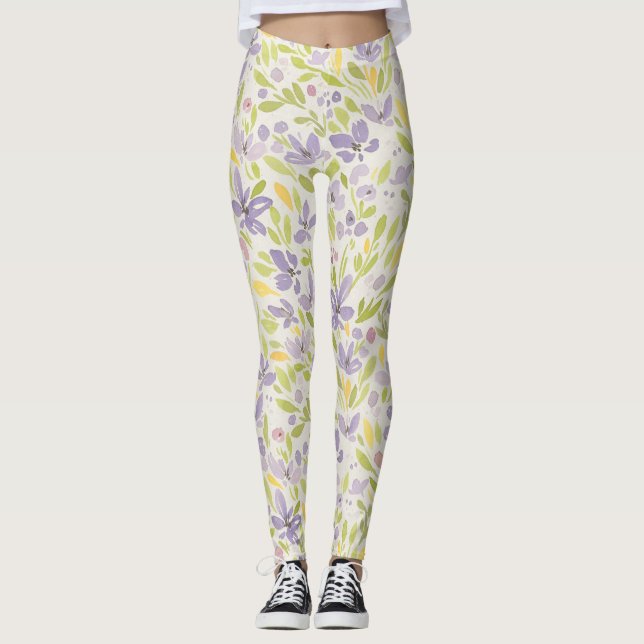 Lavendar et vert printemps Floral Design Leggings (Devant)