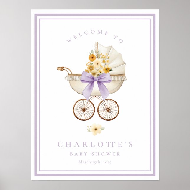 Lavender Baby Shower Welcome Poster | Vintage Pram (Devant)