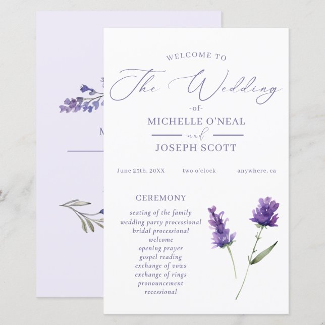 Lavender Bliss Elegant Watercolor Wedding Programm (Devant / Derrière)