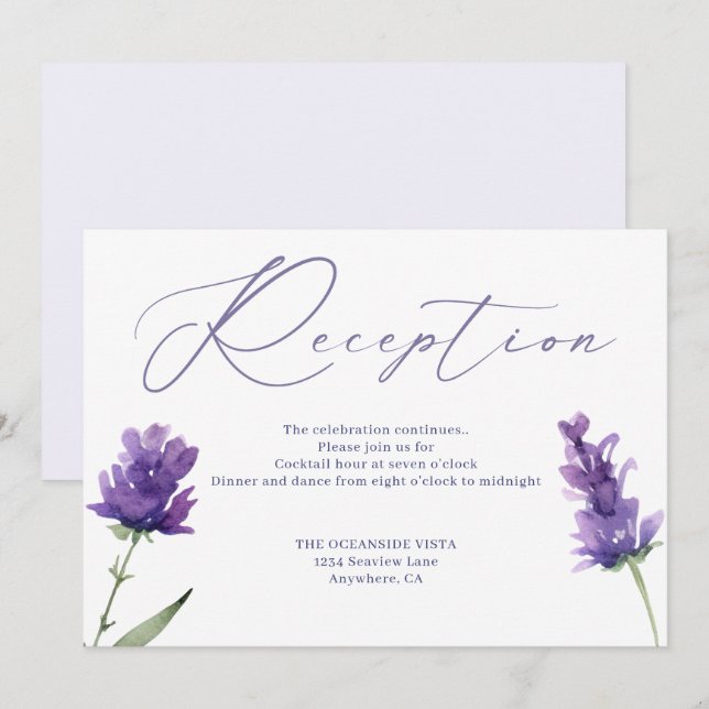 Lavender Bliss Elégante Carte de Réception Aquarel (Devant / Derrière)