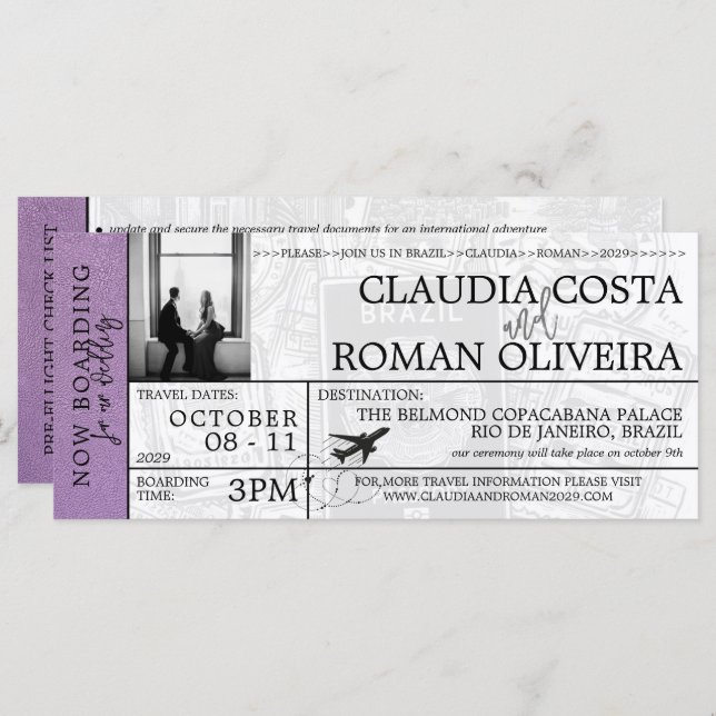 Lavender Brésil Mariage Boarding Pass Invitation (Devant / Derrière)