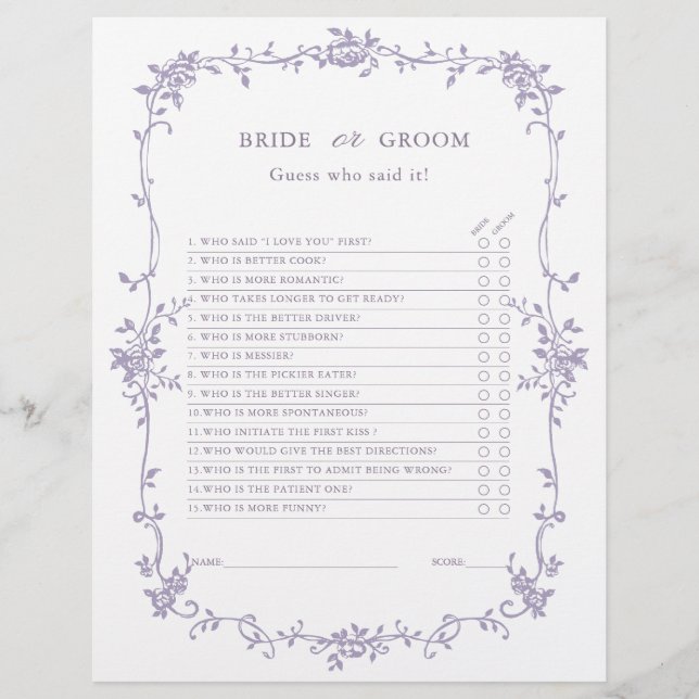Lavender 'Bride or Groom' Bridal Shower Game  (Devant)