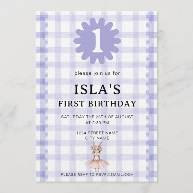 Lavender Check Bunny Ballerina Birthday Invitation (Devant)