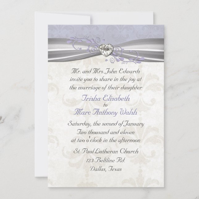 Lavender Damask & Heart Faire-part de mariage (Devant)