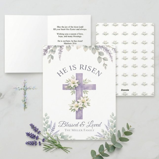 Lavender Floral Cross Christian Sunday invitation  (Complete design overview showing front, personalized interior message, and matching back pattern.)