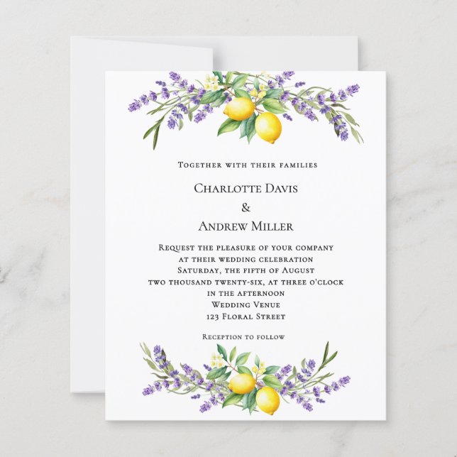 Lavender florals lemons wedding invitation (Devant)