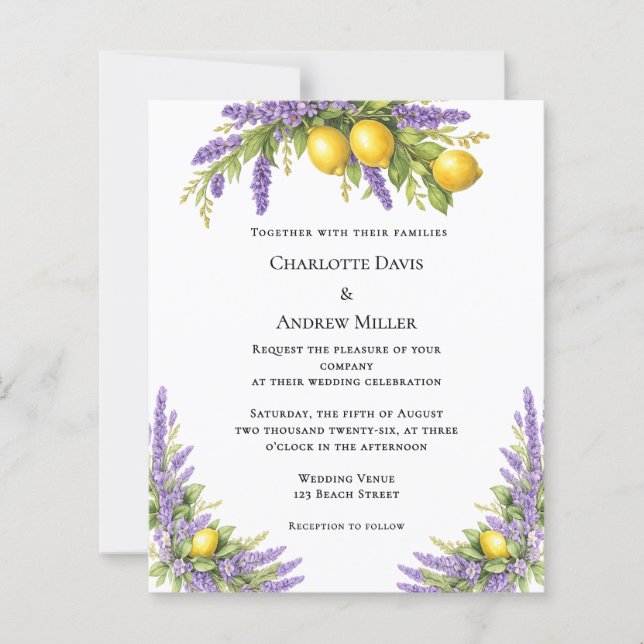 Lavender florals lemons wedding invitation (Devant)