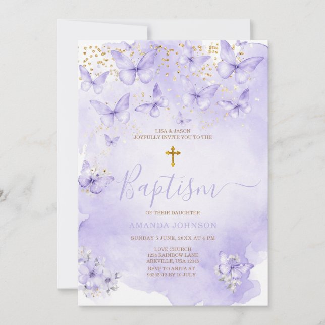Lavender Gold Purple Butterfly Baptism Invitation (Devant)