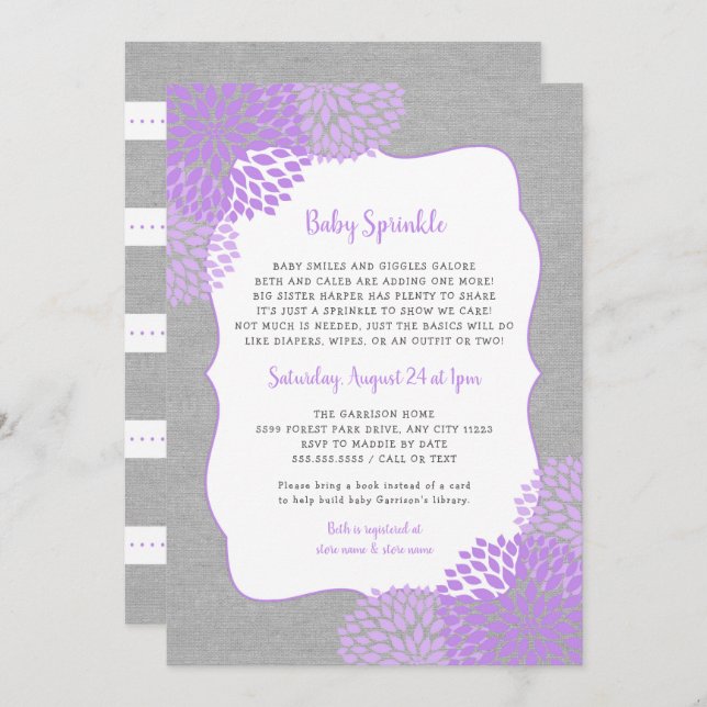 Lavender Grey Girl Baby Sprinkl invitation (Devant / Derrière)