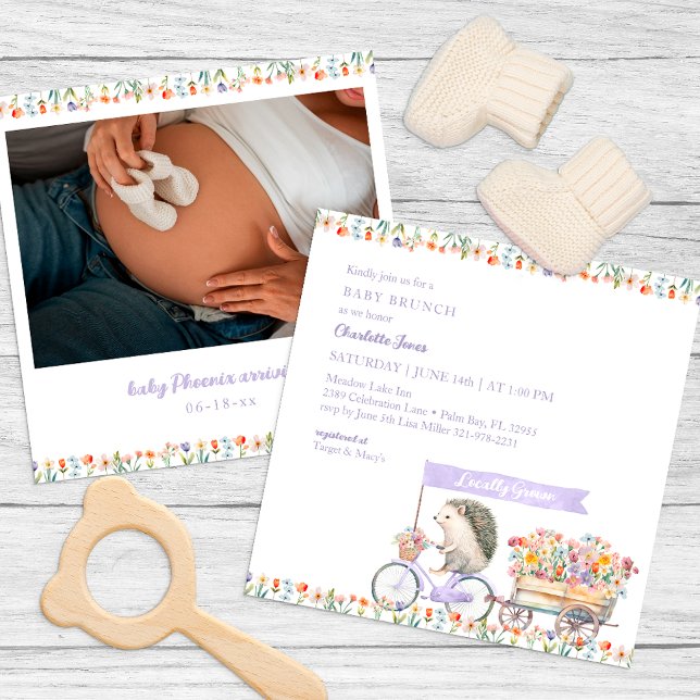Lavender Hérisson Baby shower photo Invitation (Whimsical Pastel Baby Shower Invitation)