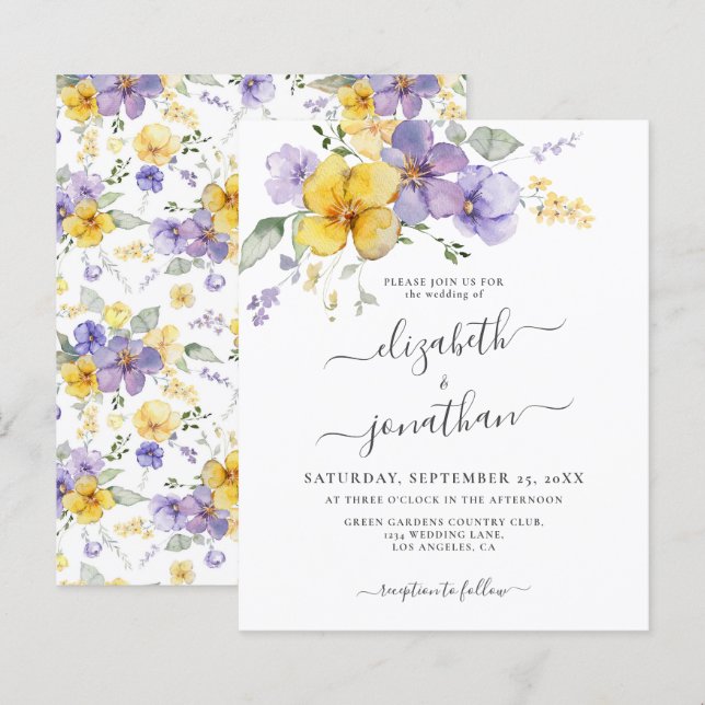 Lavender Jaune Purple Faire-part de mariage Budget (Devant / Derrière)