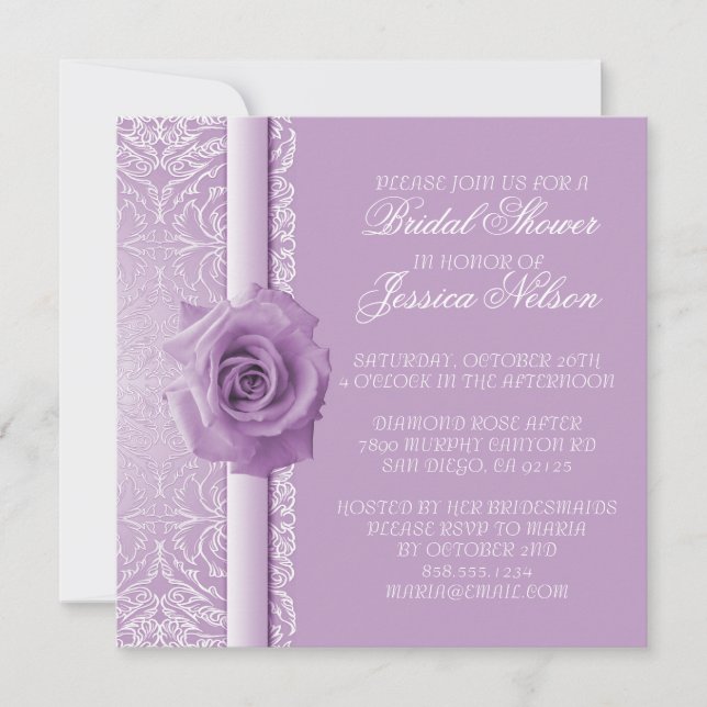 Lavender Lace Damask Beauté Rose douche Invitation (Devant)
