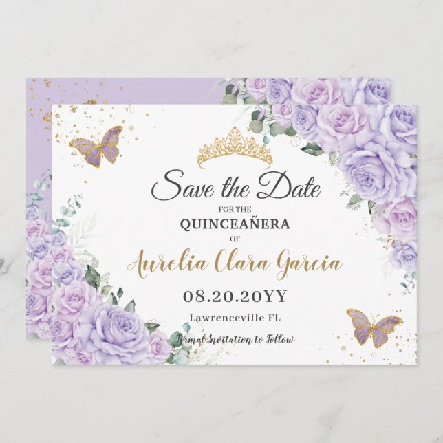 Lavender Lilac Floral Quinceañera 15 Save the Date (Devant / Derrière)