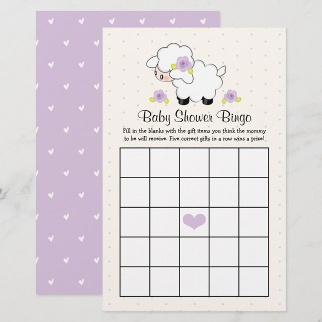 Lavender Little Lamb Baby shower Bingo (Devant / Derrière)