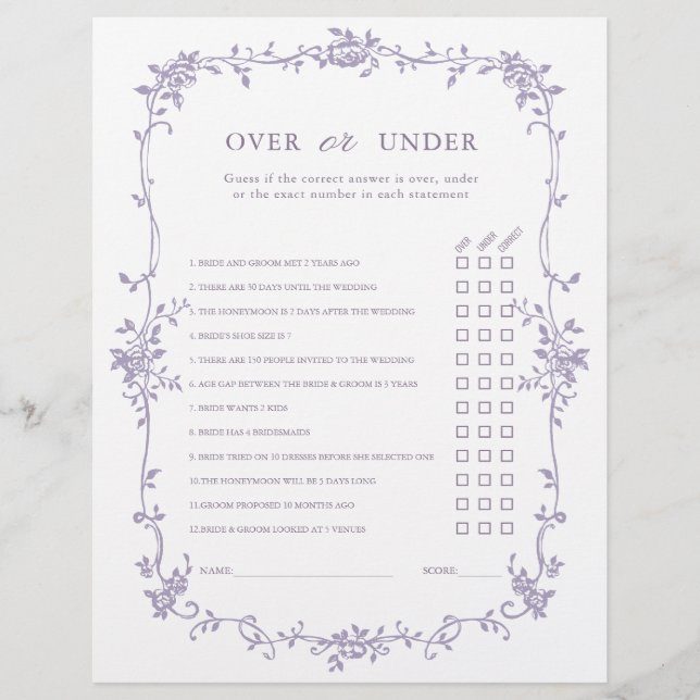 Lavender 'Over or Under' Bridal Shower Game (Devant)