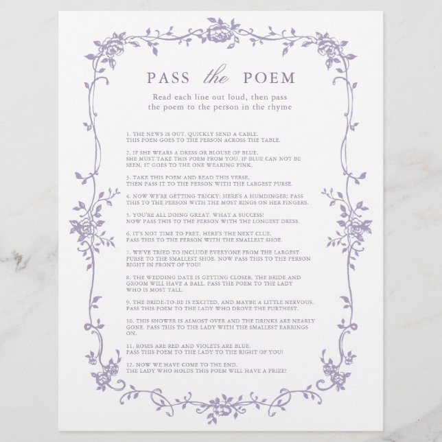 Lavender 'Pass the Poem' Bridal Shower Game (Devant)