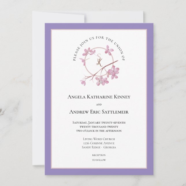 Lavender Plum Blossom Initiales Invitation (Devant)