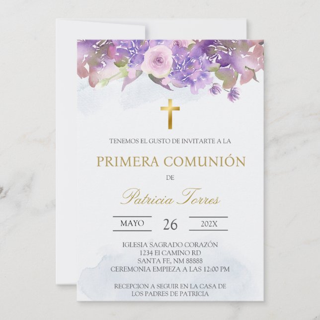 Lavender première communion espagnole Invitation (Devant)