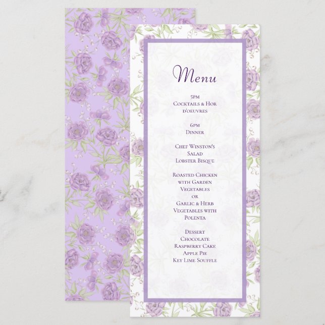 Lavender Purple Rose Wedding Menus (Devant / Derrière)