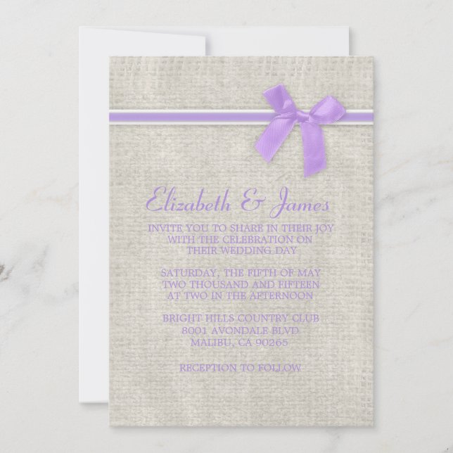 Lavender Rustic Burlap Invitations de mariage (Devant)