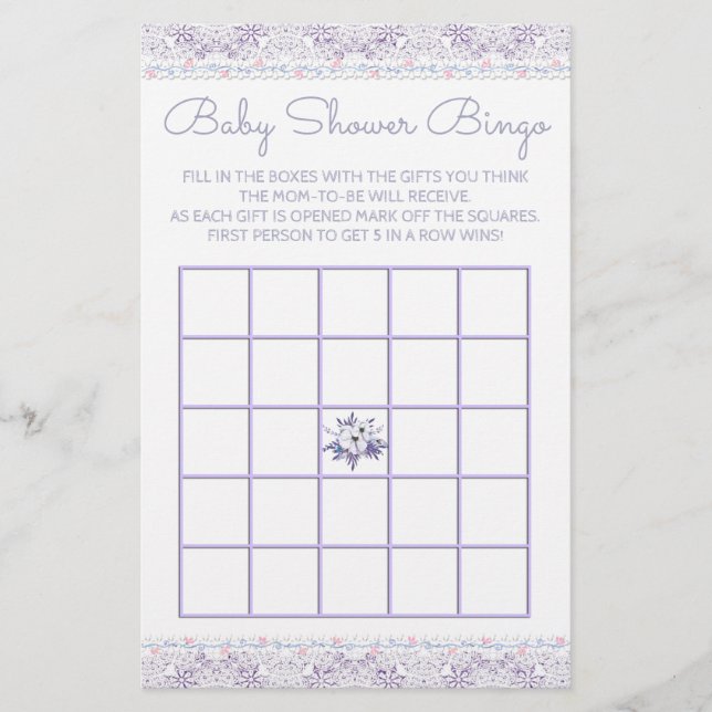 Lavener Lace Girl Baby shower Bingo Card (Devant)