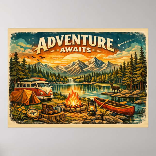 L'aventure Attend Camping Sauvage Affiche Vintage (Devant)