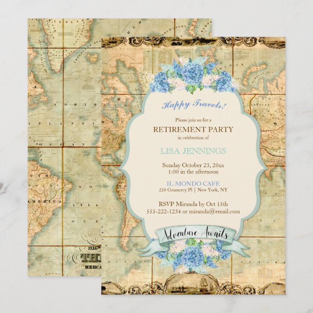 L'aventure Attend Carte du Monde Vintage Hydrangea (Devant / Derrière)