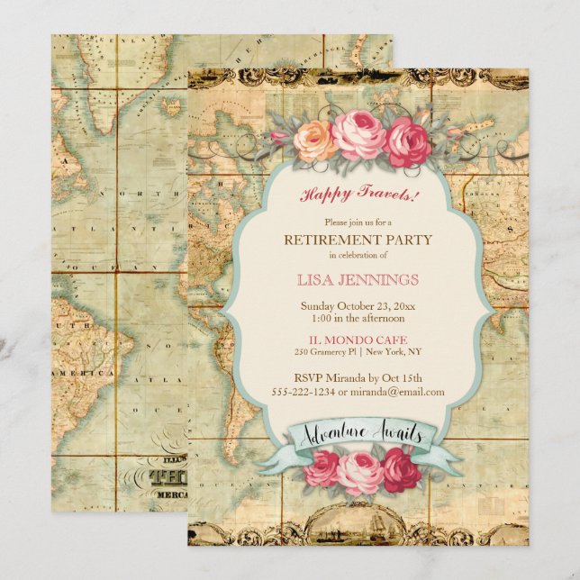 L'aventure Attend Carte du Monde Vintage Roses (Devant / Derrière)