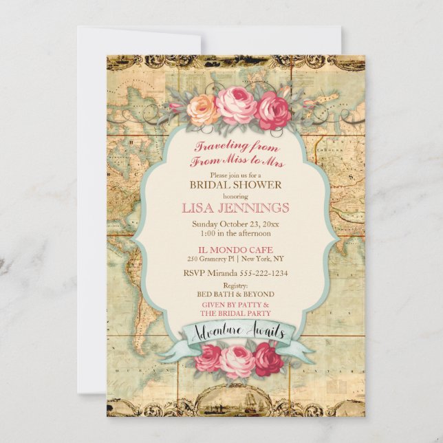 L'aventure Attend Carte du Monde Vintage Roses (Devant)