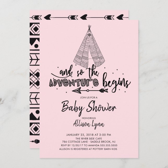 L'aventure commence filles Baby shower Invitation (Devant / Derrière)