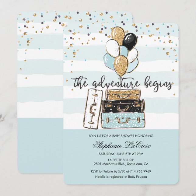 L'aventure commence Invitation pour Baby Shower (Devant / Derrière)