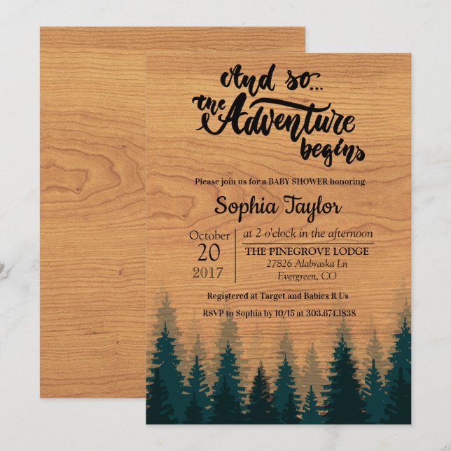L'aventure commence Invitation pour Baby Shower (Devant / Derrière)