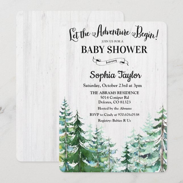 L'aventure commence Invitation pour Baby Shower (Devant / Derrière)