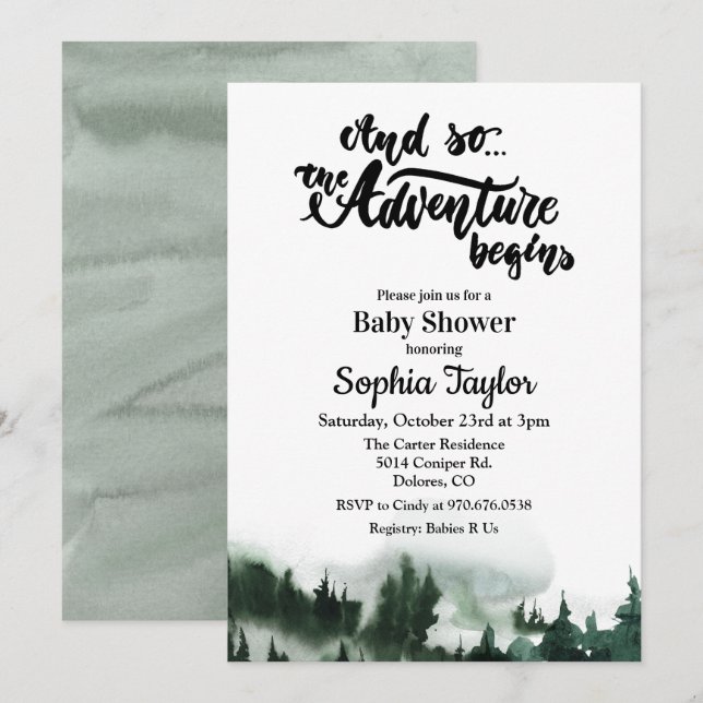 L'aventure commence une invitation Baby shower (Devant / Derrière)