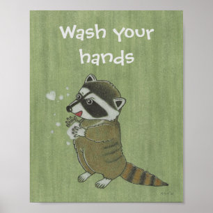 "Lavez-vous les mains" Poster animal Raccoon