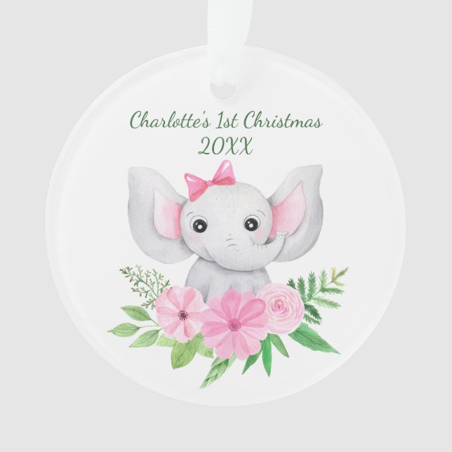 Le 1er Noël de bébé Éléphant rose floral vert  (devant)