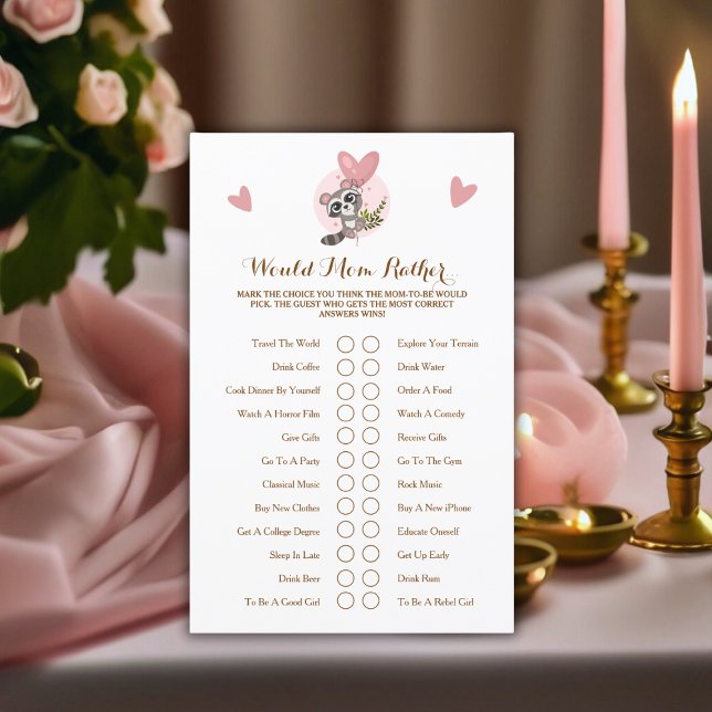 Le Baby shower Raccoon Mignonne Jeu Maman Plutôt.. (Cute Raccoon Baby Shower Game Would Mom Rather..)