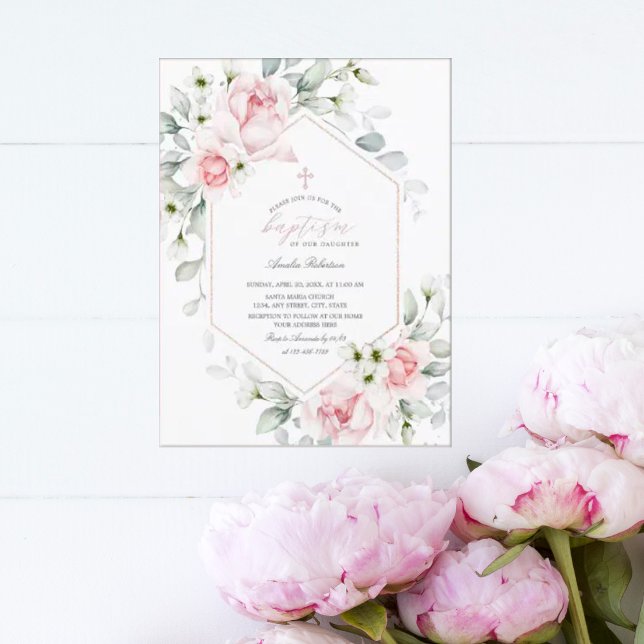 Le baptême rose Roses | Invitation Floral Watercol (Créateur téléchargé)