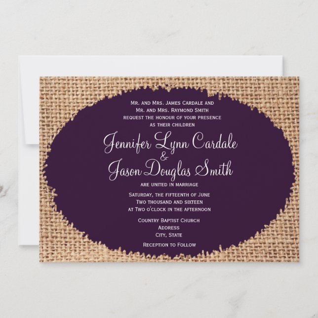 Le Burlap Rustique Des invitations au mariage viol (Devant)