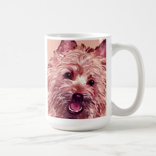 Le cairn Terrier font face à la tasse d'art (Droite)