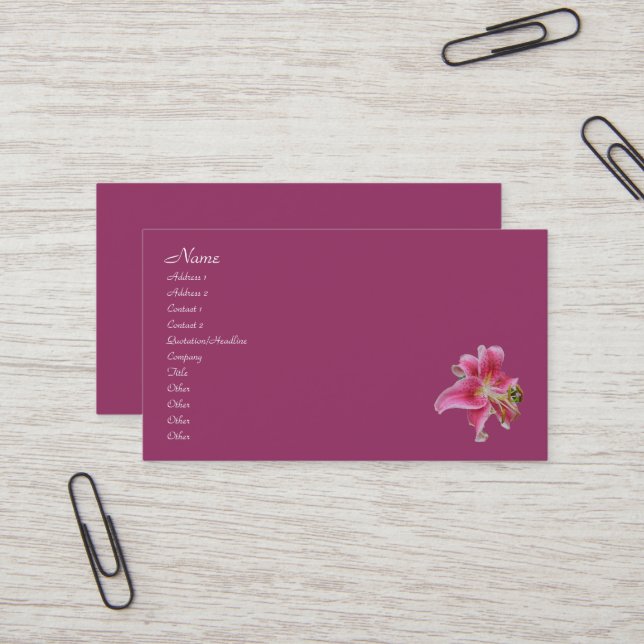 Le Carte de visite Lily de Carolyn (Devant/Arrière en situation)