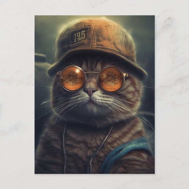 Le chat dans une carte postale casquette et lunett (Devant)