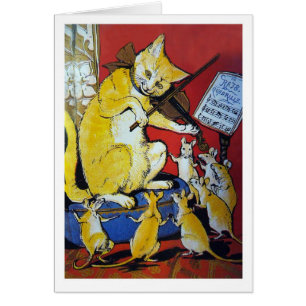 Le chat jaune joue le violon pour les rats heureux