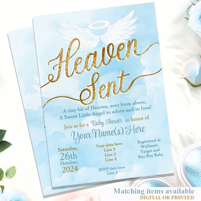 Le ciel a envoyé Baby shower Invitation - Le petit (Blue Heaven Sent Little Boy Angel invitation with blue watercolor white wings)